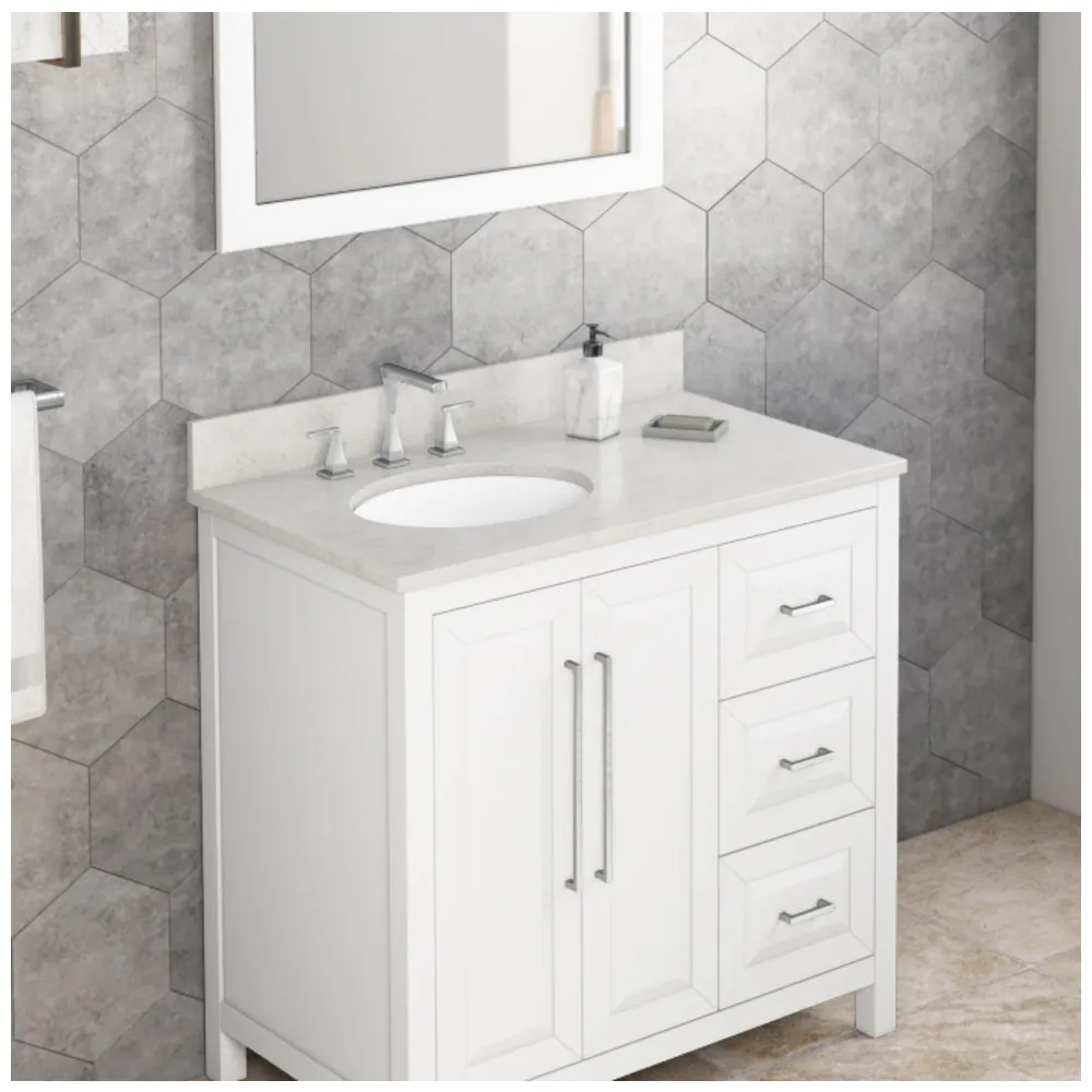 37" Arctic Stone Cultured Marble Vanity Top, left offset oval bowl cutout