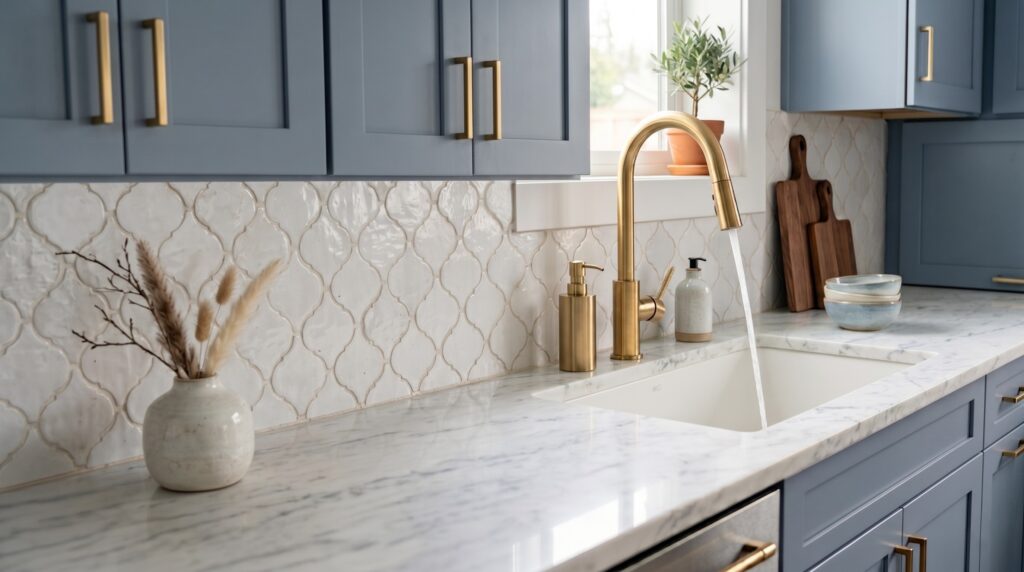 Kitchen with brushed gold faucet, marble countertop and blue-grey cabinets